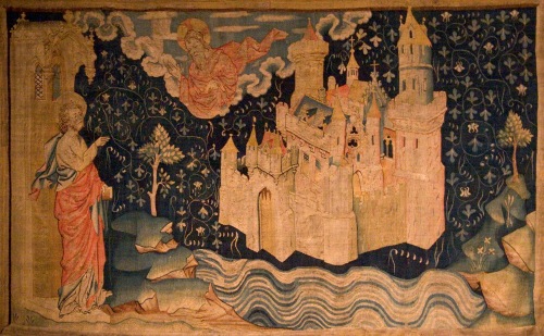Johannes av Patmos ser Det himmelske Jerusalem fra Gud senke seg ned på jorda. Frå eit veggteppe frå 1300-tallet. Kjelde: Wikipedia